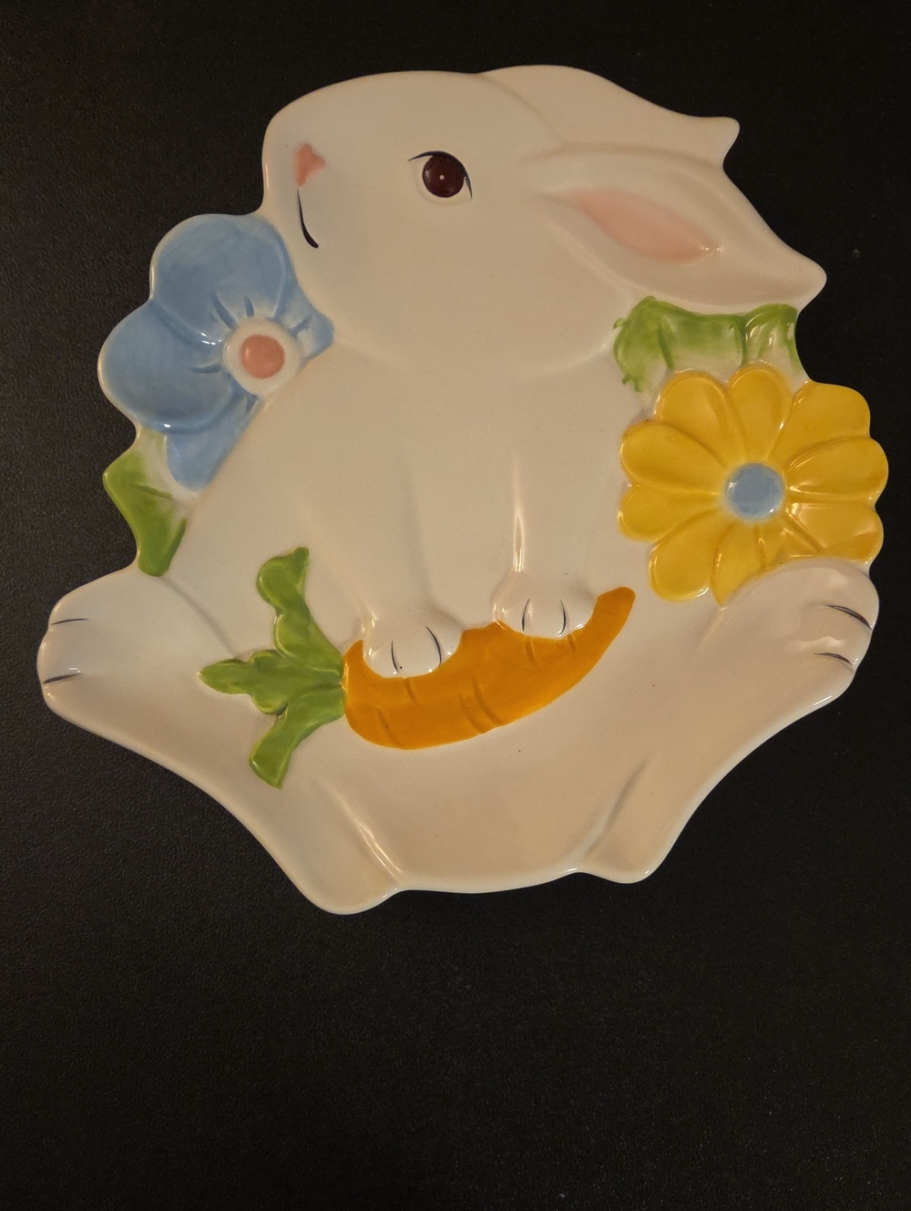 Ceramic White Bunny Plate with Yellow Flower and Blue Accent